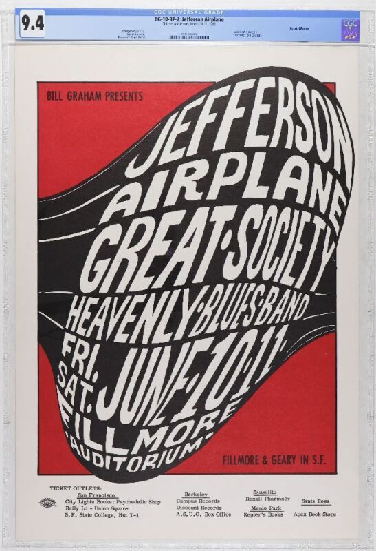 1966 BG-10 Jefferson Airplane Great Society Fillmore Auditorium RP2 Poster CGC 9.4