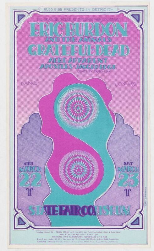 1968 G/G-680322 Eric Burdon & The Animals Grateful Dead State Fair Coliseum Detroit Postcard Near Mint 89