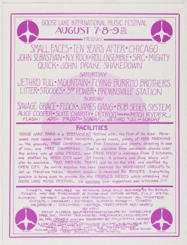 1970 Alice Cooper James Gang The Stooges Goose Lake Music Festival Flyer Near Mint 87