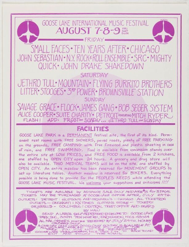 1970 Alice Cooper James Gang The Stooges Goose Lake Music Festival Flyer Near Mint 87