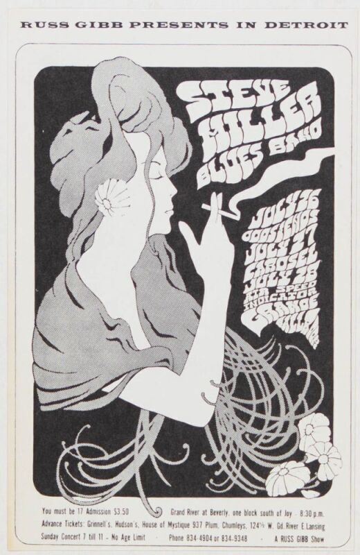 1968 G/G-680726 Steve Miller Blues Band Grande Ballroom Detroit Postcard Mint 90
