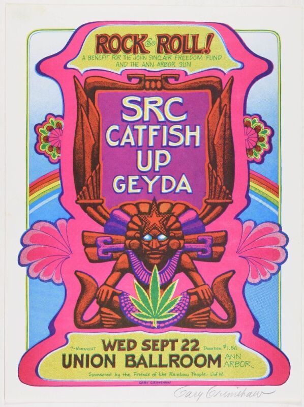 1971 SRC Catfish Rock & Roll John Sinclair Benefit Union Ballroom Signed Grimshaw Flyer Near Mint 87