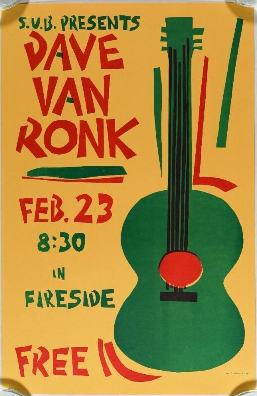 1976 Dave Van Ronk Buffalo State College Fireside Lounge Poster Near Mint 87