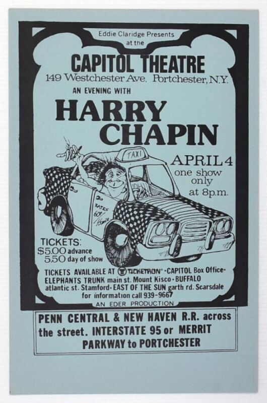 1974 Harry Chapin Capitol Theatre Portchester Poster Mint 93
