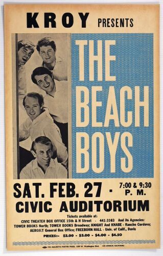 1966 The Beach Boys Sacramento Civic Auditorium Cardboard Poster Near Mint 89
