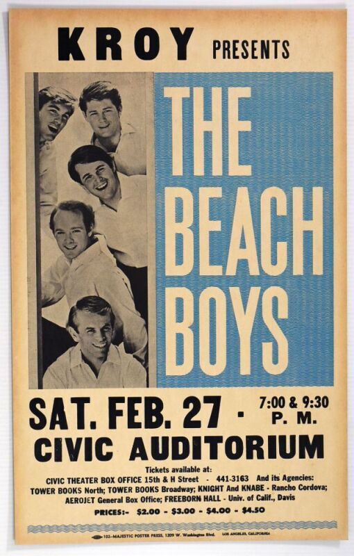 1966 The Beach Boys Sacramento Civic Auditorium Cardboard Poster Near Mint 89