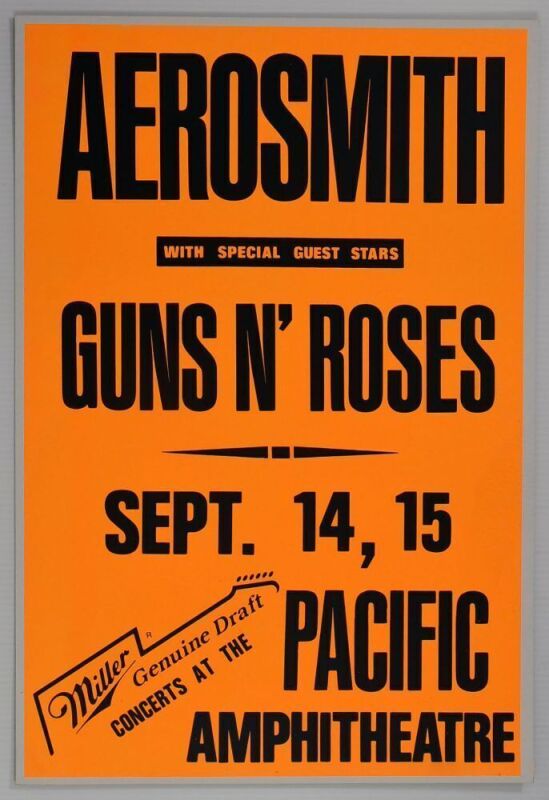 1988 Aerosmith Guns N' Roses Pacific Amphitheatre Costa Mesa Cardboard Poster Mint 93