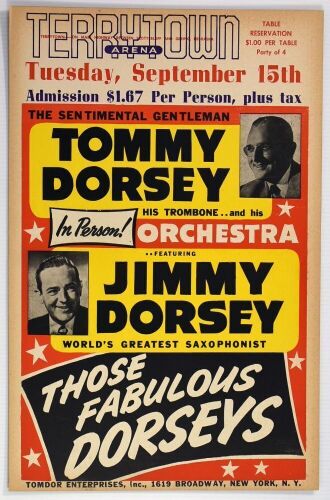 1953 Dorsey Brothers Orchestra Terrytown Arena Cardboard Poster Near Mint 85