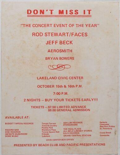 1975 Rod Stewart Jeff Beck Aerosmith Lakeland Civic Center Flyer Extra Fine 65