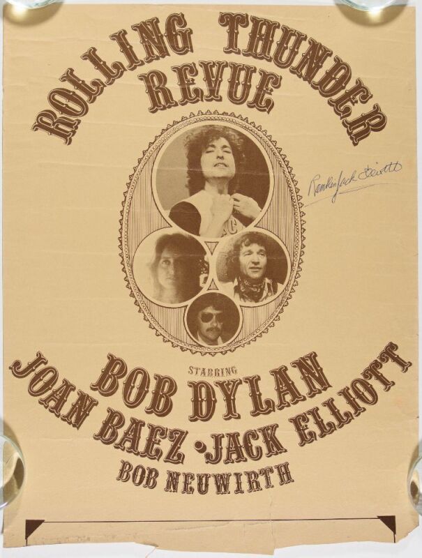 1975 Bob Dylan The Rolling Thunder Revue Tour Blank Signed Ramblin' Jack Elliott Poster Extra Fine 61 Trimmed