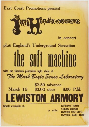 1968 Jimi Hendrix Experience The Soft Machine The Lewiston Armory Cardboard Poster Extra Fine 67