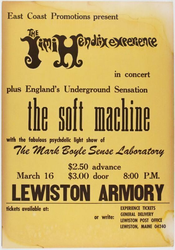 1968 Jimi Hendrix Experience The Soft Machine The Lewiston Armory Cardboard Poster Extra Fine 67