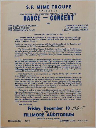 1965 AOR-2.36 The Great Society Jefferson Airplane Appeal II Fillmore Auditorium Handbill Extra Fine 69
