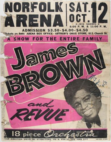 1968 James Brown Revue The Norfolk Arena Globe Cardboard Poster Fine 55