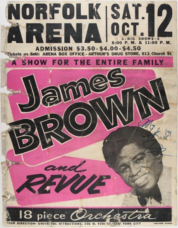 1968 James Brown Revue The Norfolk Arena Globe Cardboard Poster Fine 55