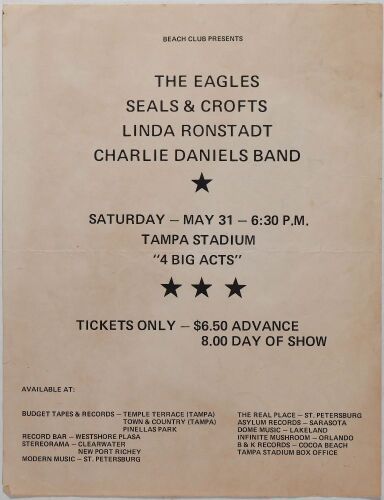 1975 The Eagles Seals and Crofts Linda Ronstadt Tampa Stadium Handbilll Extra Fine 65