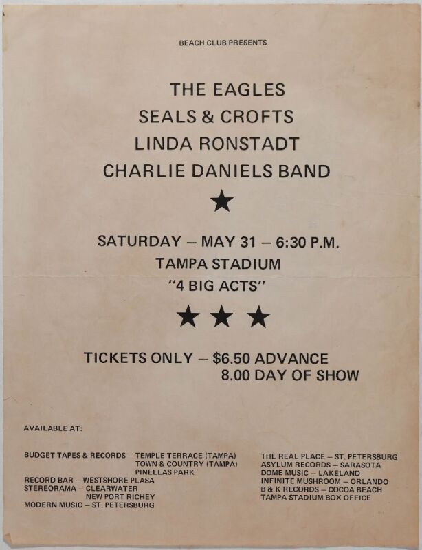 1975 The Eagles Seals and Crofts Linda Ronstadt Tampa Stadium Handbilll Extra Fine 65
