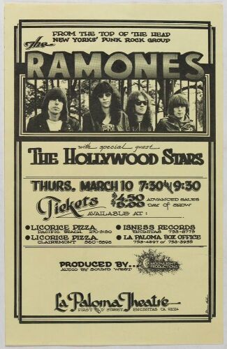 1977 The Ramones La Paloma Theatre Encinitas Handbill Excellent 75