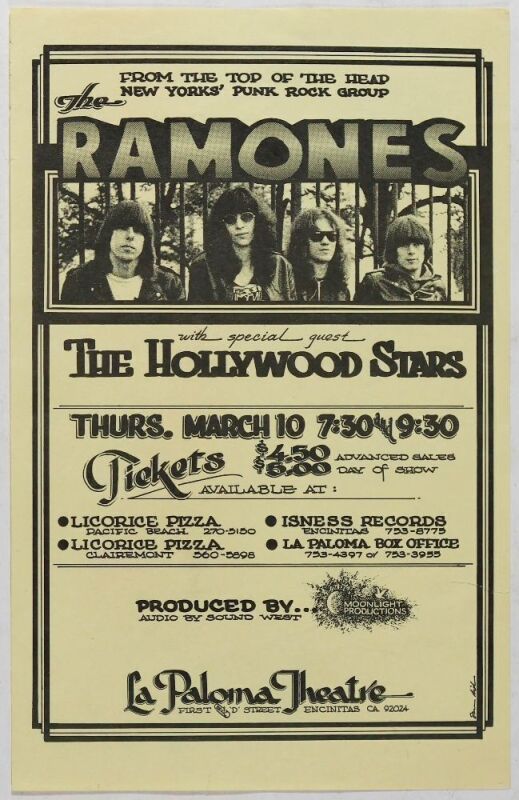 1977 The Ramones La Paloma Theatre Encinitas Handbill Excellent 75