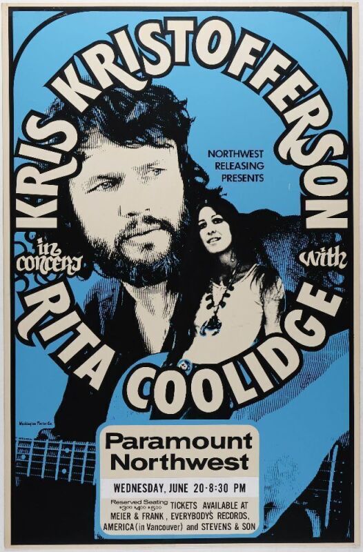 1973 Kris Kristofferson Rita Coolidge The Paramount Northwest Seattle Cardboard Poster Excellent 77