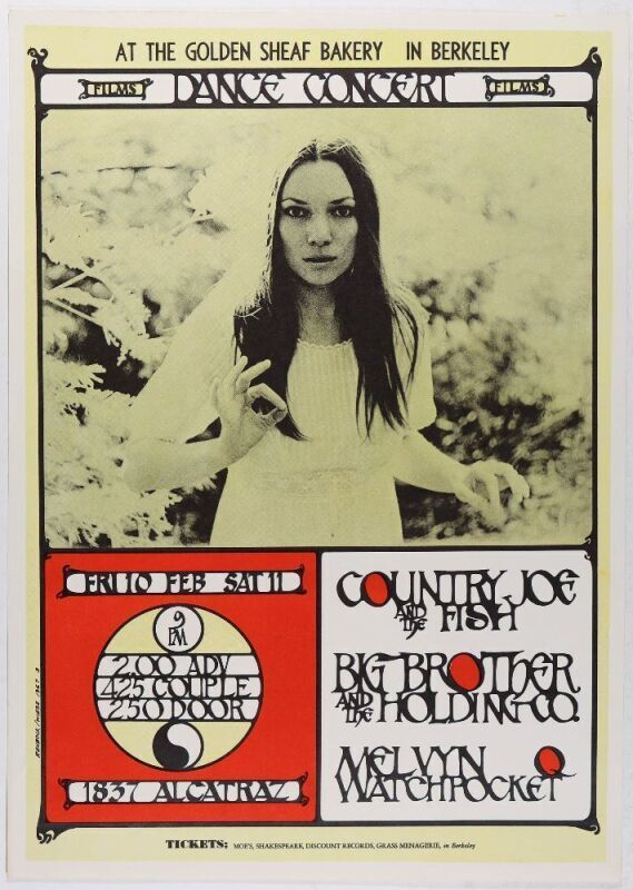 1967 Big Brother Country Joe The Golden Sheaf Bakery Berkeley Poster Near Mint 87