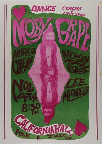 1966 Moby Grape New Tweedy Brothers Lee Michaels California Hall Poster Excellent 77