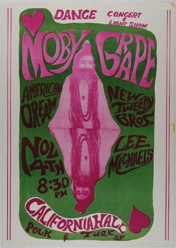 1966 Moby Grape New Tweedy Brothers Lee Michaels California Hall Poster Excellent 77