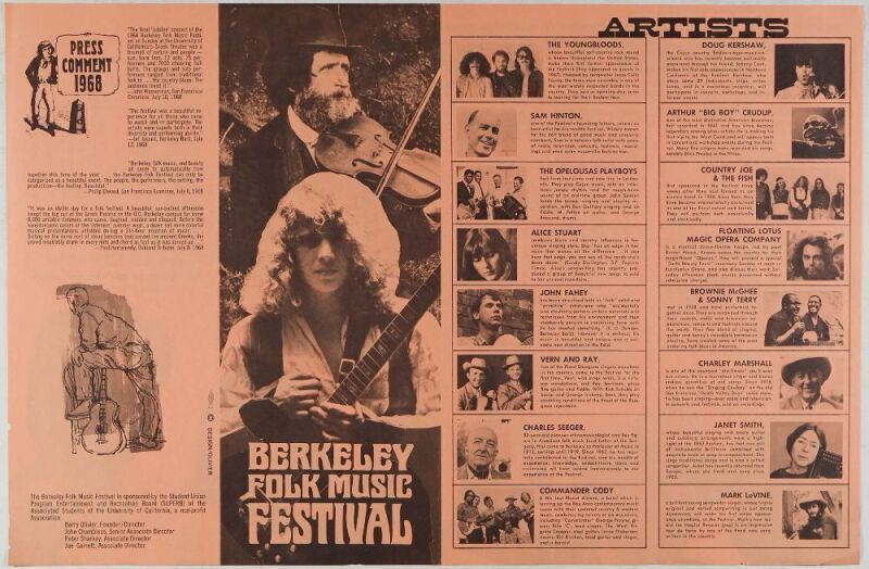 1969 The Youngbloods Sam Hinton Berkeley Folk Festival UC Berkeley Flyer Excellent 75