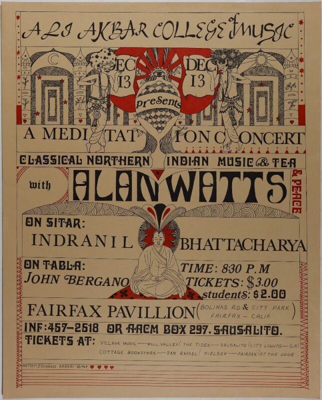 1969 Alan Watts Meditation Concert Fairfax Pavilion Poster Near Mint 85