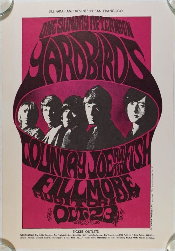 1966 BG-33 The Yardbirds Country Joe & The Fish Fillmore Auditorium RP2 Poster Near Mint 89