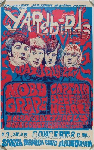 1967 AOR-3.49 The Yardbirds Moby Grape Santa Monica Civic Auditorium RP3 Poster Excellent 79