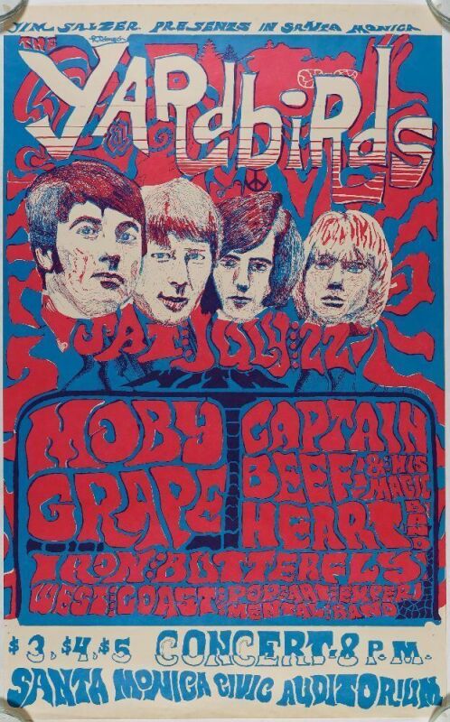 1967 AOR-3.49 The Yardbirds Moby Grape Santa Monica Civic Auditorium RP3 Poster Excellent 79