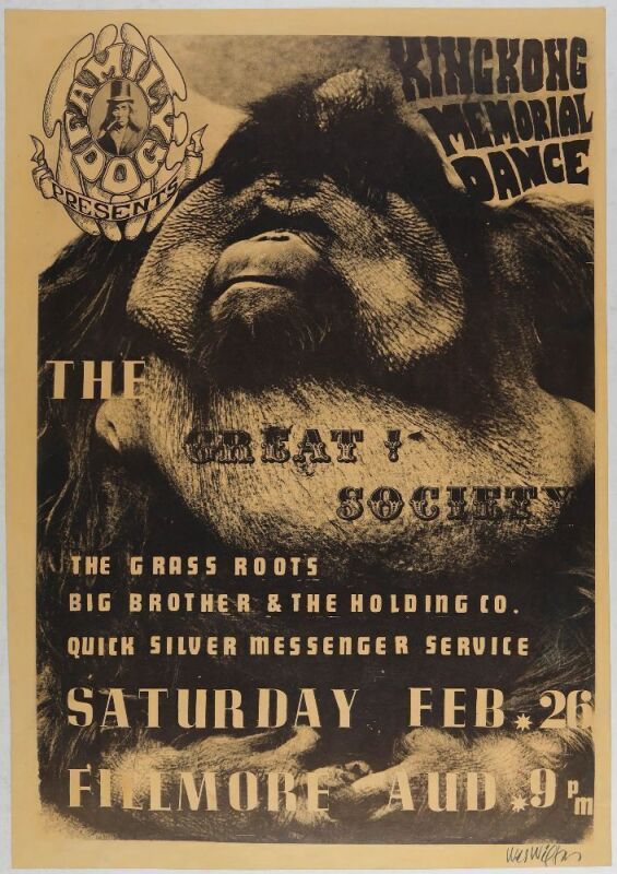 1966 FD-2 The Great Society Big Brother Fillmore Auditorium Signed Wilson Poster Near Mint 85 Restored