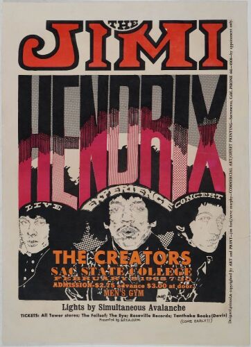 1968 AOR-3.16 The Jimi Hendrix Experience Sacramento State College Poster Extra Fine 63 Restored