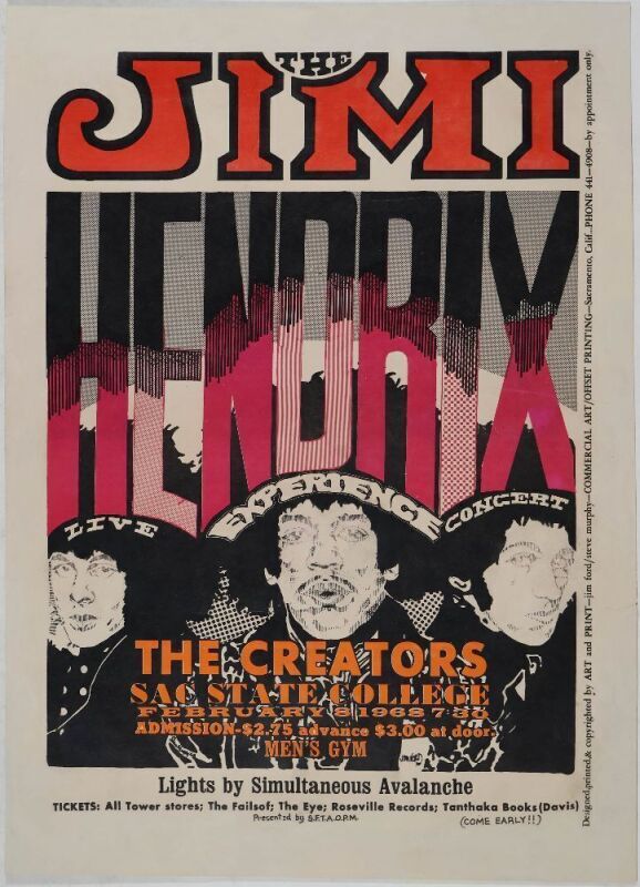 1968 AOR-3.16 The Jimi Hendrix Experience Sacramento State College Poster Extra Fine 63 Restored