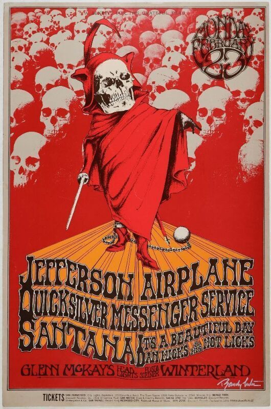 1970 BG-222 Jefferson Airplane Santana Benefit for The Grateful Dead Winterland Signed Tuten Poster Excellent 77 Restored