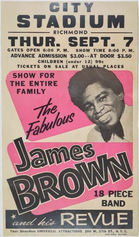 1967 James Brown City Stadium Richmond Globe Cardboard Poster Extra Fine 67 Restored
