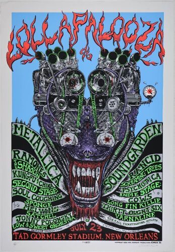 1996 EMEK Metallica Soundgarden The Ramones Screaming Trees Lollapalooza Festival New Orleans Signed Emek Poster Excellent 77