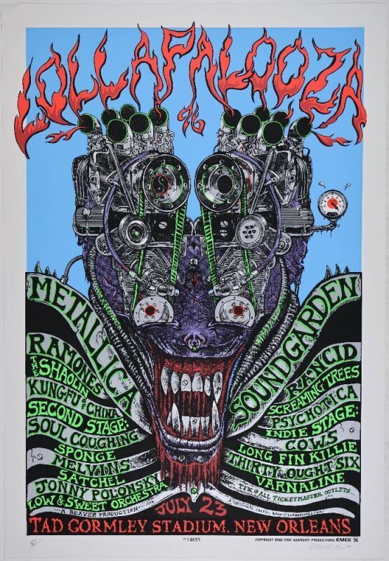 1996 EMEK Metallica Soundgarden The Ramones Screaming Trees Lollapalooza Festival New Orleans Signed Emek Poster Excellent 77