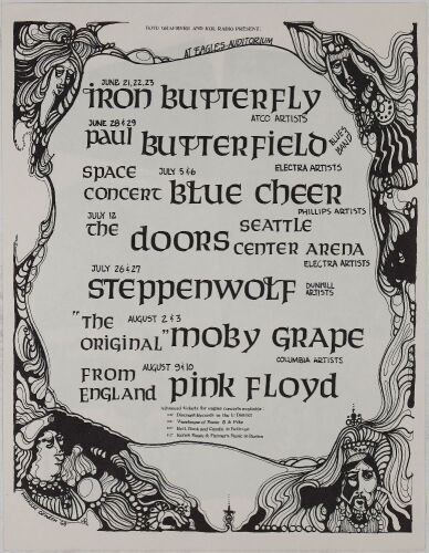 1968 The Doors Pink Floyd Iron Butterfly Eagles Auditorium Seattle Flyer Near Mint 89