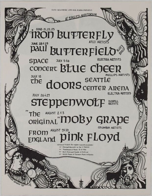 1968 The Doors Pink Floyd Iron Butterfly Eagles Auditorium Seattle Flyer Near Mint 89