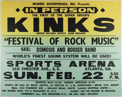 1970 The Kinks Atlanta Sports Arena Cardboard Poster Excellent 79