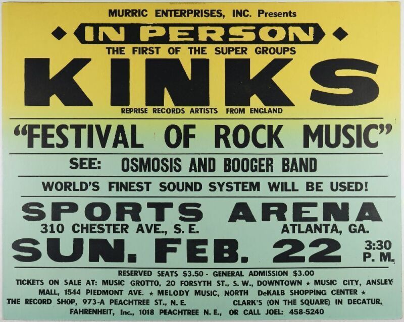 1970 The Kinks Atlanta Sports Arena Cardboard Poster Excellent 79