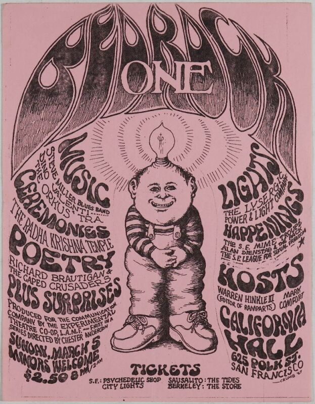 1967 R. Crumb Bedrock One S.F. Mime Troupe The Diggers Steve Miller California Hall Handbill Extra Fine 67