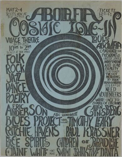 1968 Blues Project Timothy Leary Allen Ginsberg Cosmic Love-In Village Theater NYC Handbill Extra Fine 63