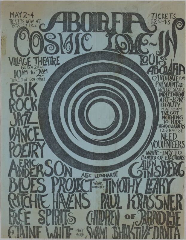 1968 Blues Project Timothy Leary Allen Ginsberg Cosmic Love-In Village Theater NYC Handbill Extra Fine 63