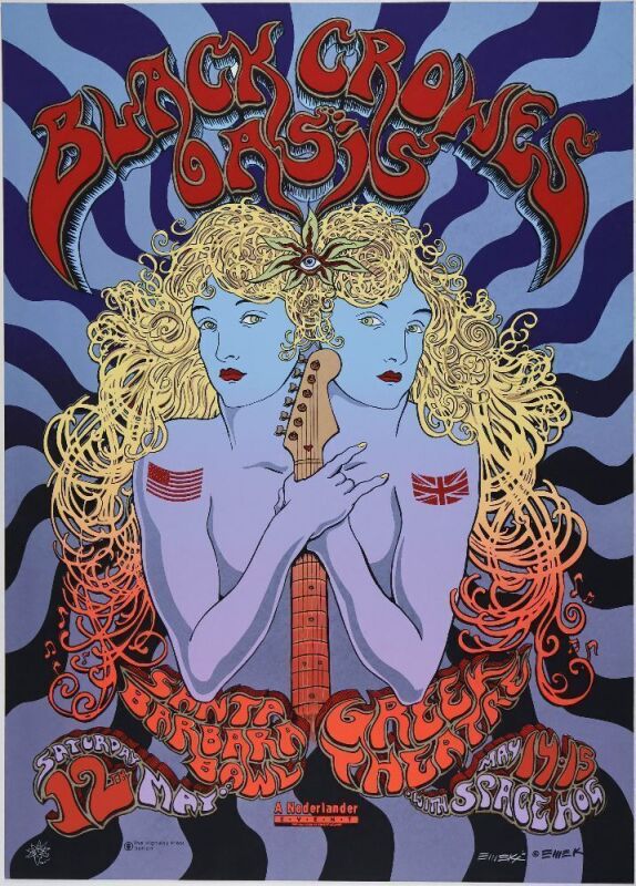 2001 EMEK The Black Crowes Santa Barbara Bowl & Greek Theatre Signed Emek Poster Mint 95