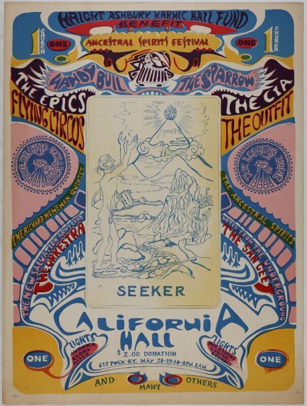 1967 Sandy Bull The Sparrow The Ancestral Spirit Festival Haight Ashbury Karmic Bail Fund Benefit California Hall Uncut Proof Poster Excellent 79
