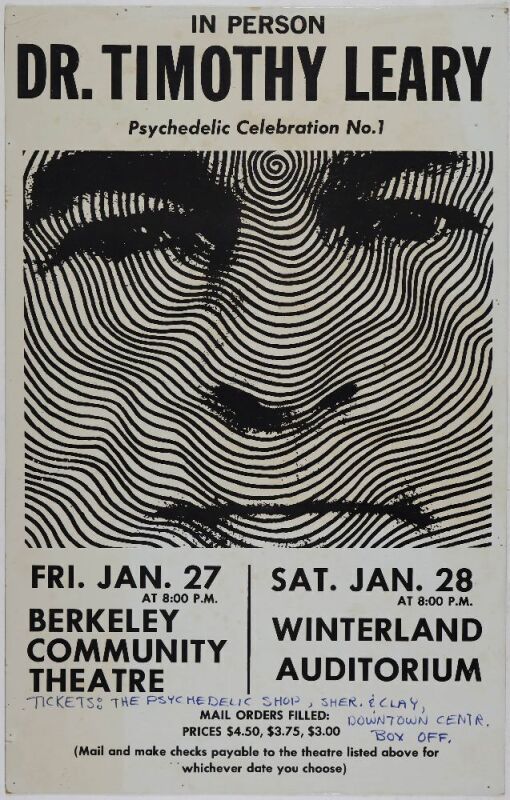 1967 Dr. Timothy Leary Berkeley Community Theatre & Winterland Cardboard Poster Extra Fine 69