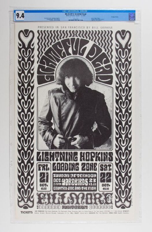 1966 BG-32 Grateful Dead Yardbirds Fillmore Auditorium Poster CGC 9.4